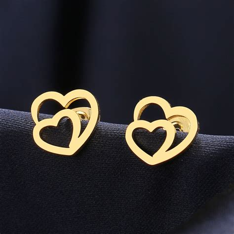 Rvs Oorbellen Hollow Double Heart Fashion Stud Oorbellen Klassieke