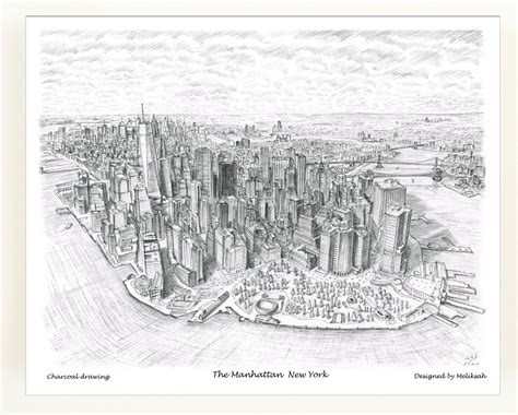 Manhattan 3 Different Sizes New York Drawing Unique Print Etsy