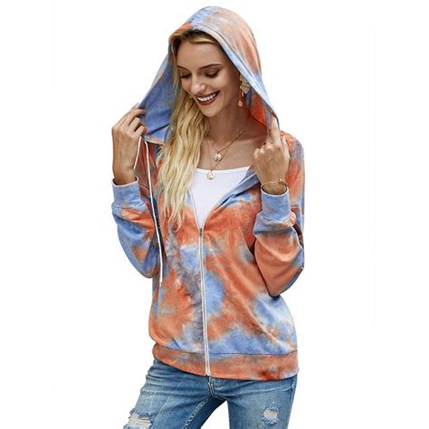 Buy Women Casual Tie Dye Zip Hooded Sweatshirt Long Sleeve Lightweight