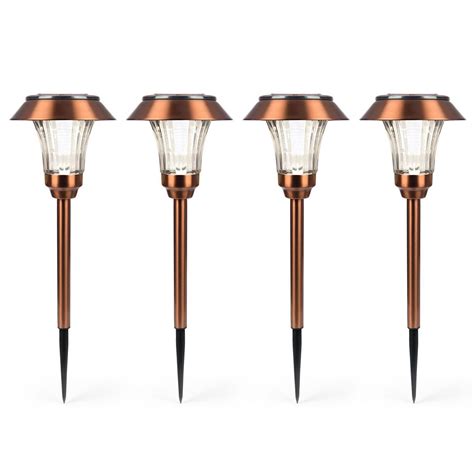 Set Of 4 Warm White Led Copper Solar Path Lights With