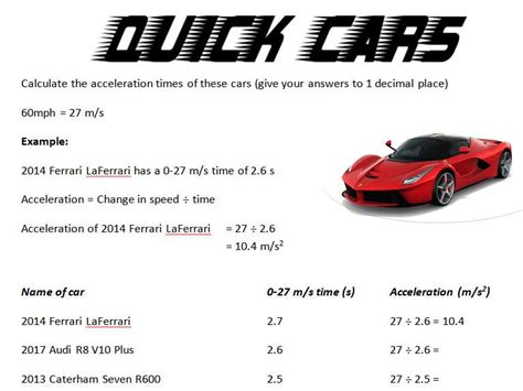 Quick Cars Calculate Acceleration Based On 0 60 Times Teaching