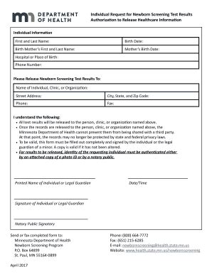 Fillable Online Individual Request For Newborn Screening Test Results