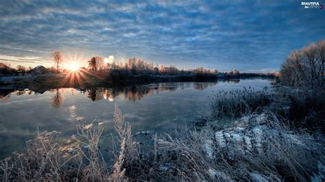 Bush Dubna River White Frost Trees Latgale Latvia Clouds Rays Of