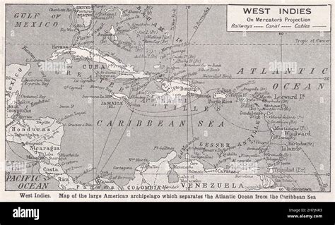 Mapa vintage de las Indias Occidentales en la Proyección de Mercator