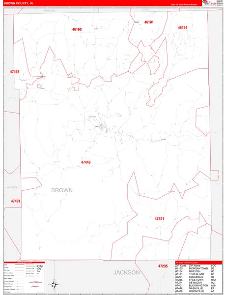 Brown County, IN Zip Code Wall Map Red Line Style by MarketMAPS - MapSales