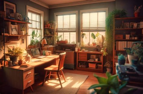 Premium Photo | A small office with a desk and a lot of plants