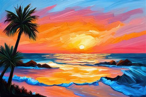 Sunset Beach With Palm Trees Oil Painting Art Print Keep Calm Collection