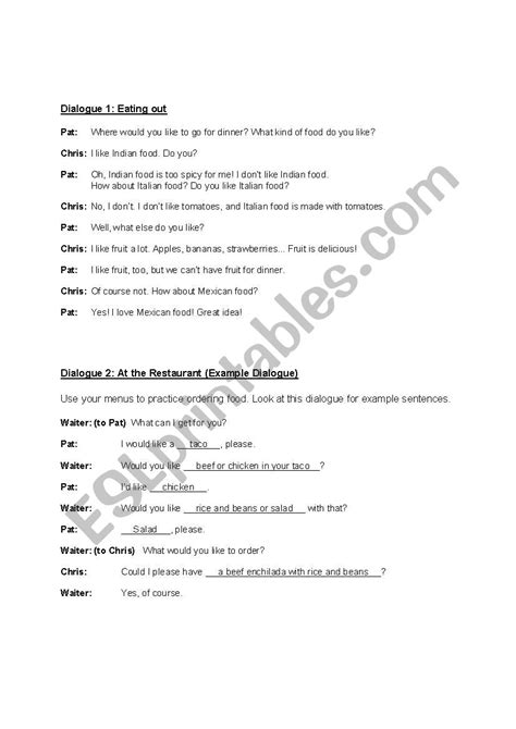 Restaurant Dialogue Esl Worksheet By Kirbreton