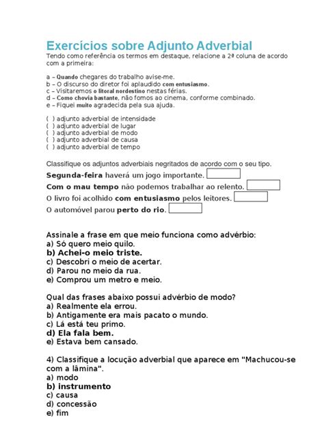 Exercícios Sobre Adjunto Adverbial - Exercícios sobre Adjunto Adverbial