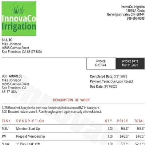 Irrigation Quote Irrigation Invoice Sprinkler Service Quote Sprinkler Service Invoice