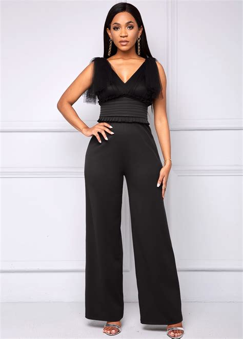 V Neck Black Mesh Stitching Jumpsuit Rosewe Usd