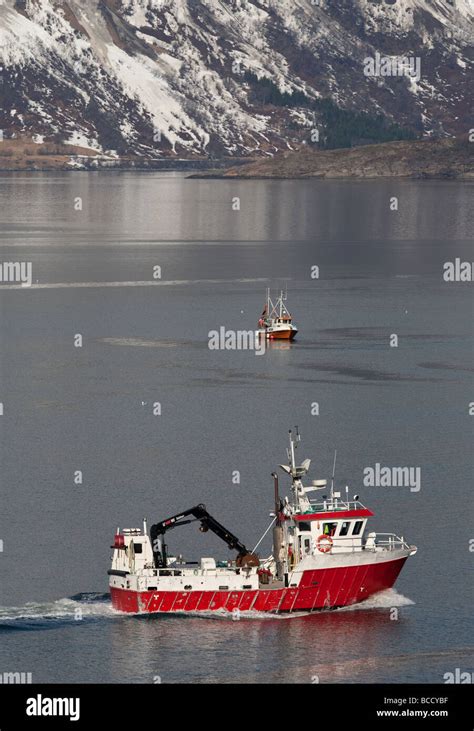 Norwegian Fishing Trawler And Cargo Vessel In Storfjord Skibotn Norway