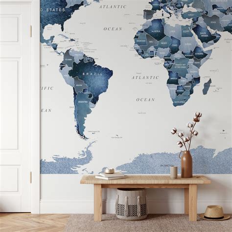 Blue World Map Wallpaper - Shop Stunning Wallpapers at Happywall.com