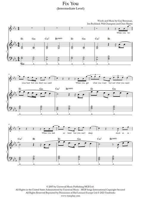 Fix You (Intermediate Level, Solo Piano) (Coldplay) - Piano Sheet Music