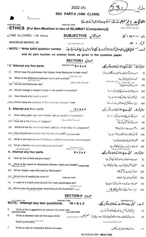 Th Class Ethics Ikhlaqiat Past Paper Multan Board Subjective