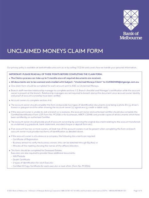 Fillable Online Unclaimed Moneys Claim Form Bom Refund Of Unclaimed