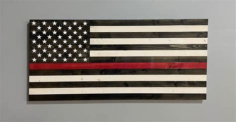 Large Thin Red Line Wood American Flag Etsy