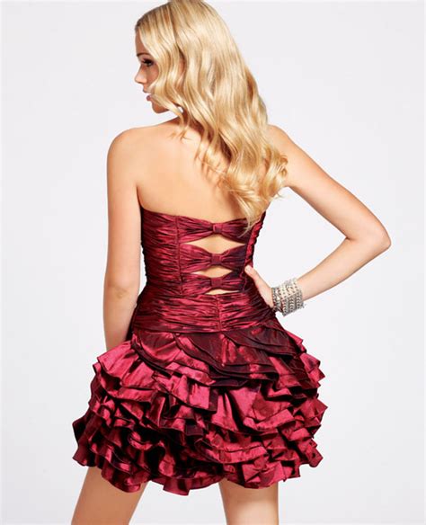 Burgundy Sheath Strapless Lace Up Ruffled Mini Length Cocktail Dresses