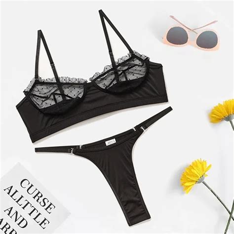 Uaang Summer Fashion Sexy Lingerie Set Women Lace Transparent Push Up Bra Briefs Set Black Crop