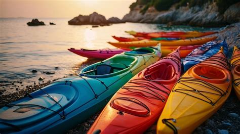 Premium Photo A Fleet Of Colorful Kayaks Ready For An Exploration Of