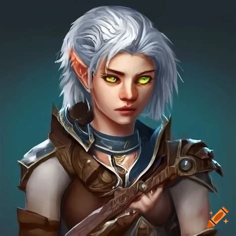 Yellow Eyes Half Elf Hunter With Short White Wispy Hair In Leather Armor And Brown Blue Skin