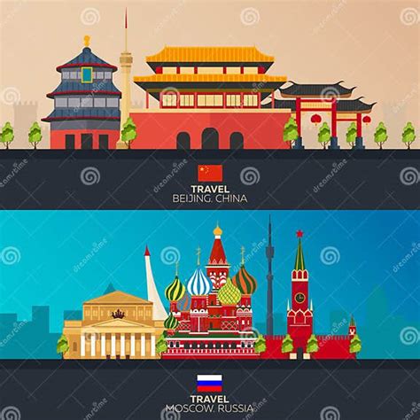 China And Russia Tourism Travelling Illustration Beijing City And