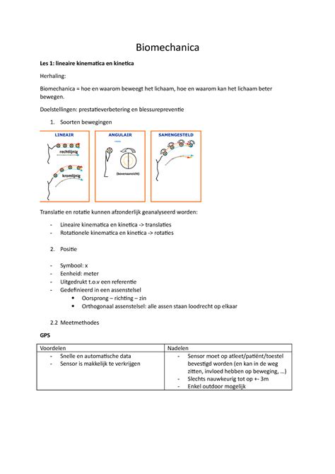 Samenvatting Biomechanica Les Lineaire Kinematica En Kinetica