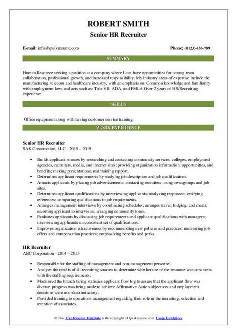 Hr Recruiter Resume Samples Qwikresume