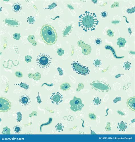 Vector Seamless Pattern With Different Bacteria Virus Cells Germs Or