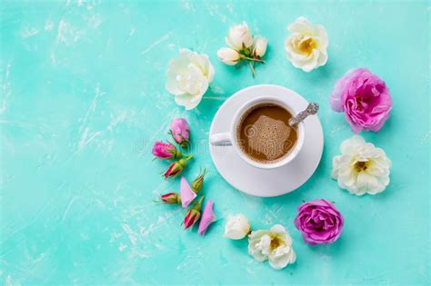 Cup Of Coffee With Pink And White Roses Creative Flat Lay Concept