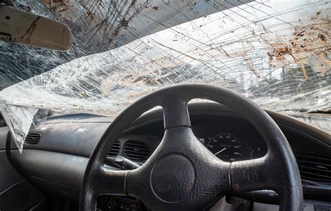 Closeup of in the car with broken windshield steering wheel , Accident of car, Selective focus ...