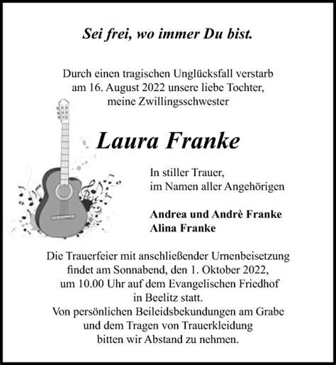 Traueranzeigen Von Laura Franke Trauer Anzeigen De