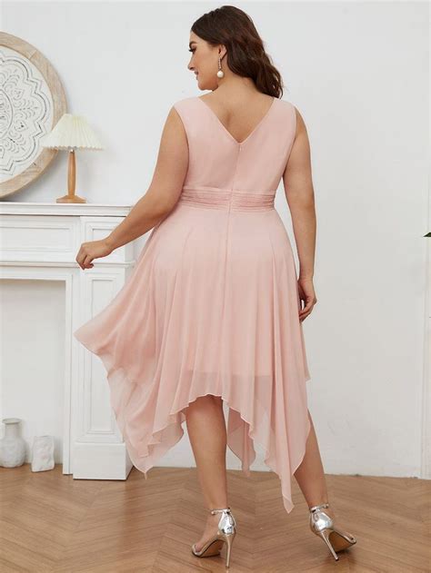 Plus Size Double V Neck Ruched Waist Midi Chiffon Bridesmaid Dress