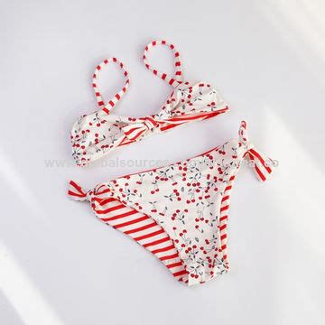 Buy Wholesale China Girls Bikini In Flower Print Tie Bow In Front And Side Stripe Print