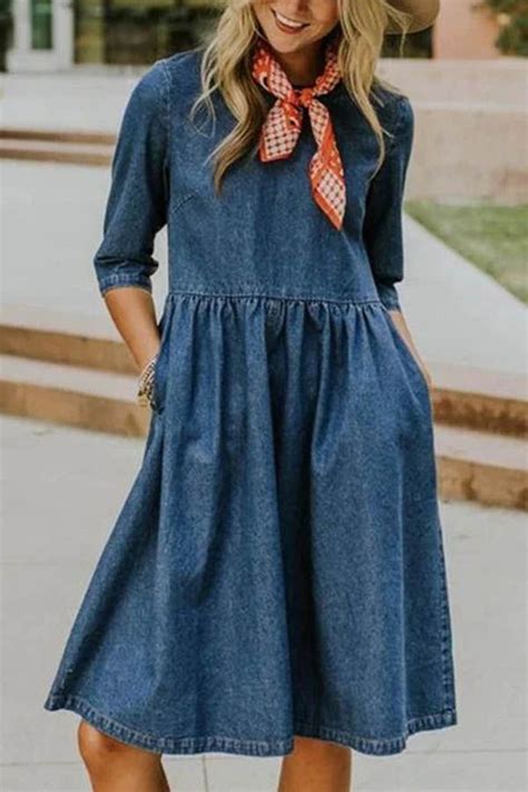 Solid Paneled Half Sleeves Pockets Pleated Casual Denim Midi Dress