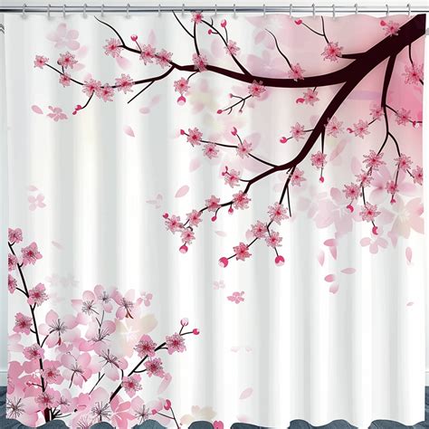 Japanese Cherry Blossom Shower Curtain Pink Floral Branch Design White