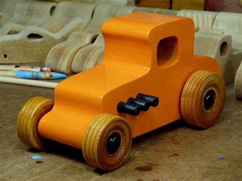 Handmade Wooden Toy Car 1927 Ford Coupe Orange Amber Shellac Black