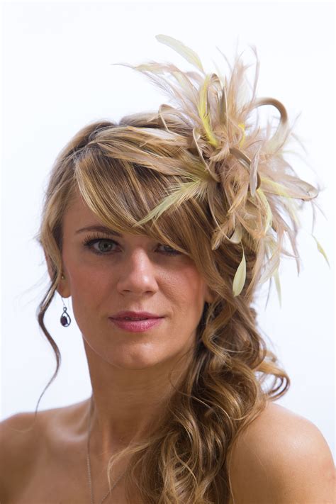 Taupe Nude Satin And Feathers With Yellow Highlights Feather Small Fascinator Hat Abbie
