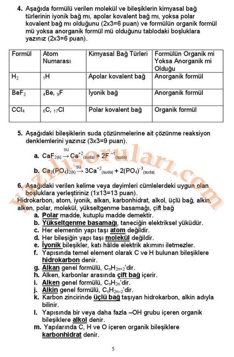 S N F Kimya Dersi D Nem Yaz L Sorular Cevap Anahtarl