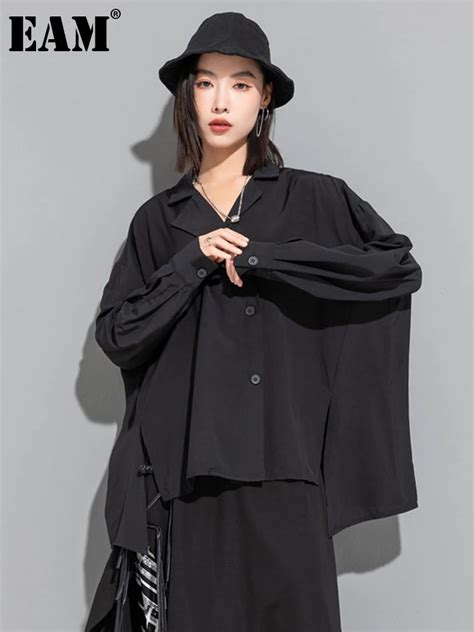 Eam Women Black Irregular Big Size Casual Blouse New Lapel Long Sleeve