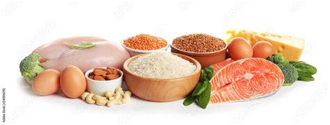 Set Of Natural Food High In Protein On White Background Stock Photo