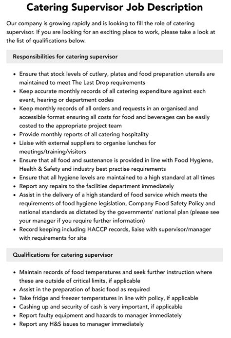 Catering Supervisor Job Description Velvet Jobs