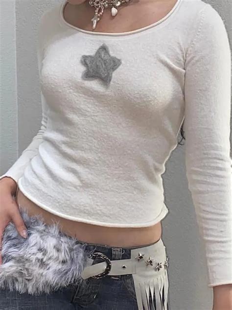 Rapcopter Y2k Star Crop Top White Knitted O Neck Full Sleeve T Shirt