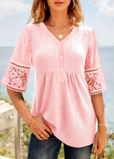 Pink Lace Half Sleeve V Neck Blouse Usd 26 98 Half