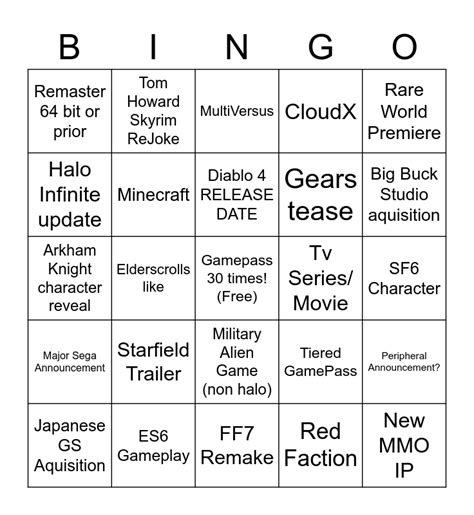 Xbox Bethesda Showcase Bingo Card