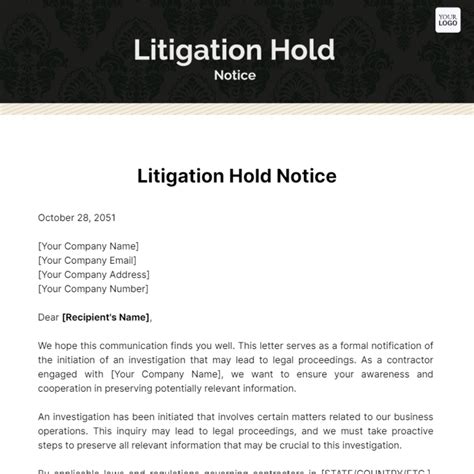 Free Litigation Hold Notice Template - Edit Online & Download ...