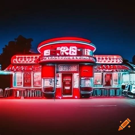 Retro Diner Exterior With Neon Signs And Parked Classic Cars On Craiyon