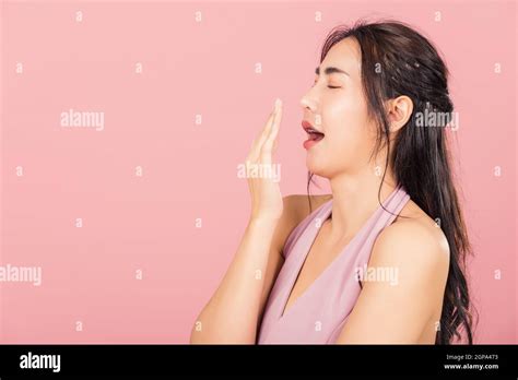 Portrait Asian Beautiful Young Woman Emotions Tired And Sleepy Her