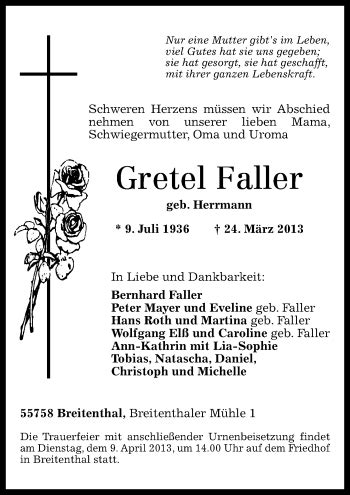 Traueranzeigen Von Gretel Faller Rz Trauer De