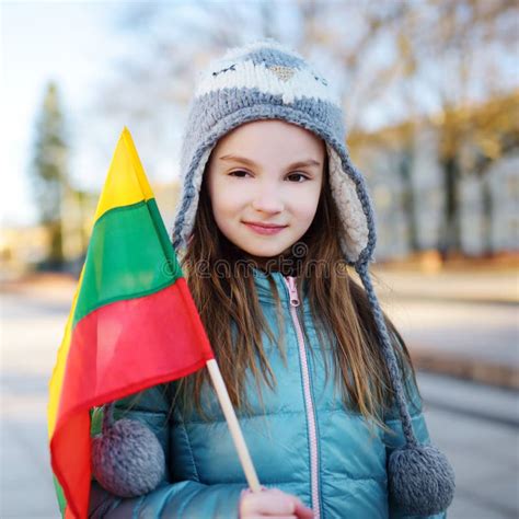 Cute Little Girl Holding Lithuanian Flags in Vilnius Stock Photo ...